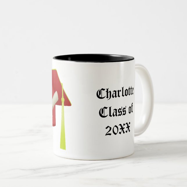 Graduation Red Cap Class of 20XX Add Name Two-Tone Coffee Mug (Front Right)
