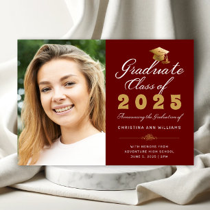 Graduation Red Gold Script Class of 2025 Photo Announcement