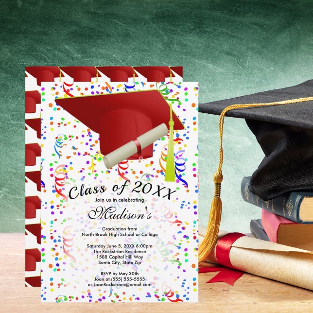Graduation Red Grad Cap Diploma Confetti Party Invitation (Graduation Red Grad Cap Diploma Confetti Party Invitation)
