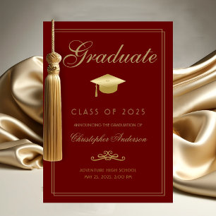 Graduation Red Maroon Gold Formal Script Grad Cap Announcement