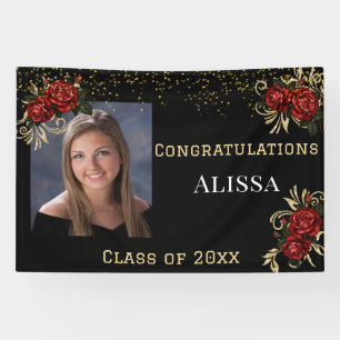 Graduation Red Roses Gold Glitter Banner