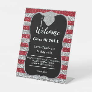 Graduation Red Silver Stripes Party safety Pedestal Sign