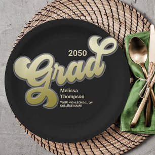 Graduation Retro Black Gold Party Custom Paper Plate