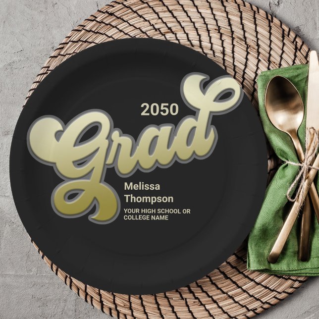 Graduation Retro Black Gold Party Custom Paper Plate (Graduate gold and black custom paper plate.)