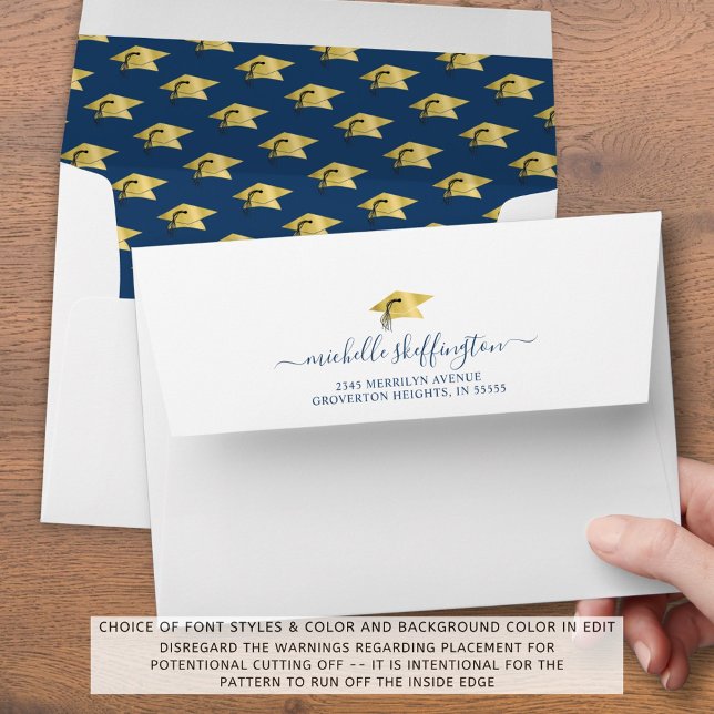 Graduation Return Address Blue Gold Cap Script Envelope (Creator Uploaded)