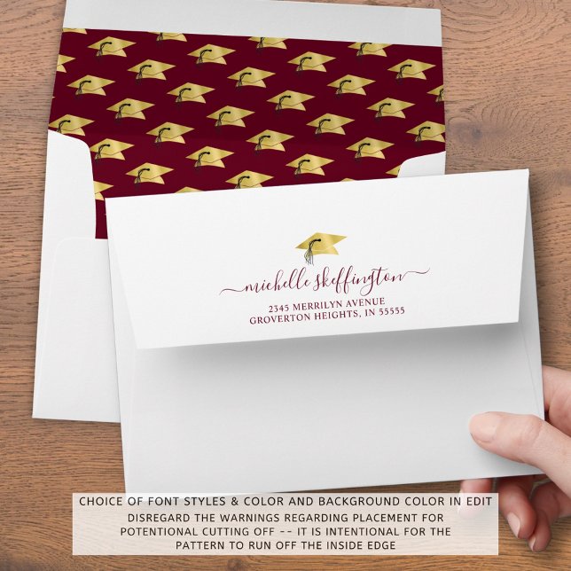 Graduation Return Address Maroon Gold Cap Script Envelope (Creator Uploaded)