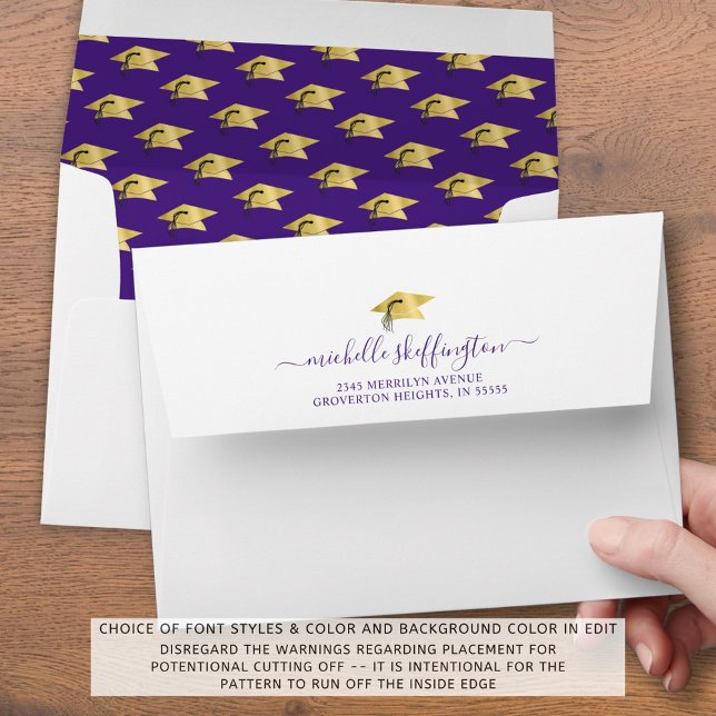 Graduation Return Address Purple Gold Cap Script Envelope (Creator Uploaded)
