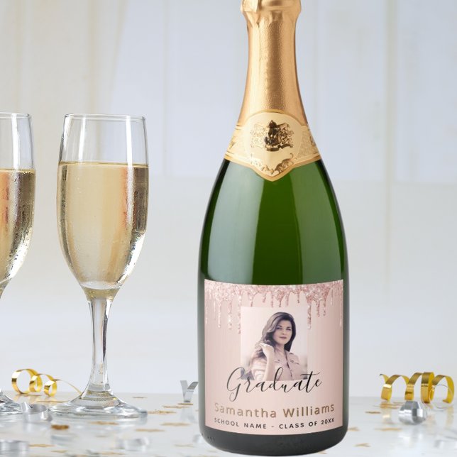 Graduation rose gold pink glitter photo 2025 sparkling wine label (Creator Uploaded)