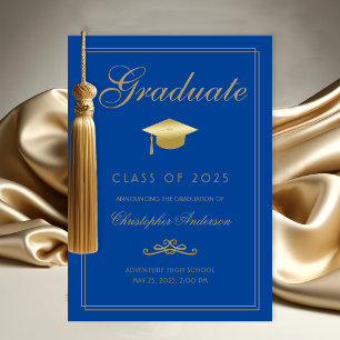 Graduation Royal Blue Gold Formal Script Grad Cap Announcement