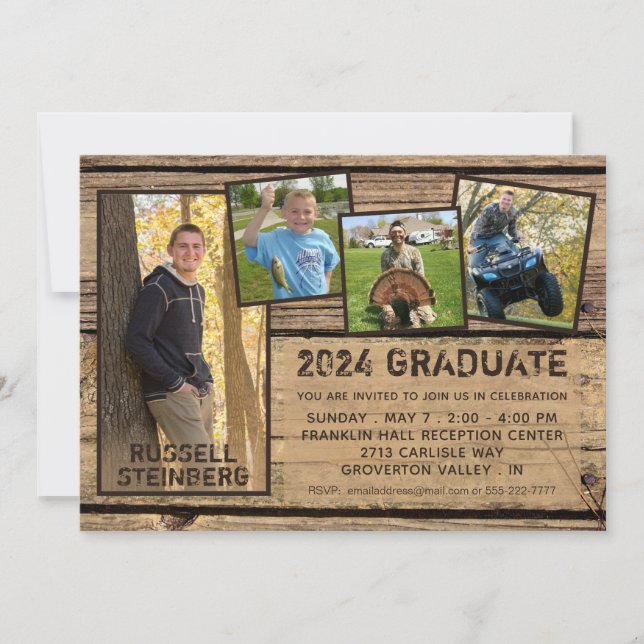 Graduation Rustic Country Wood 5 Photo Collage Invitation (Front)