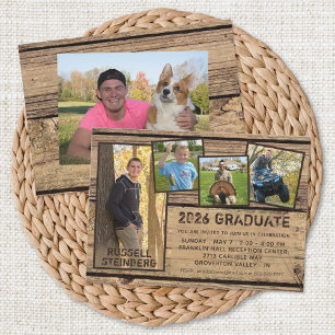 Graduation Rustic Country Wood 5 Photo Collage Invitation