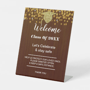 Graduation Rustic Dark Wood Stars Party safety Pedestal Sign