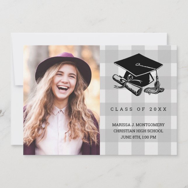 Graduation Rustic Grey Plaid Photo Grad Cap 2025 Announcement (Front)