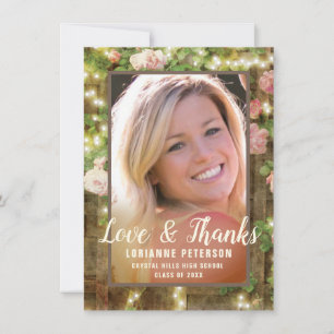 Graduation Rustic Roses Floral String Lights Photo Thank You Card