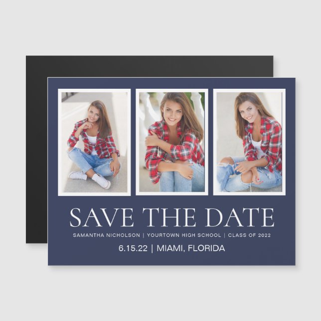 Graduation Save Date 4 Photo Navy Blue White Magnetic Invitation (Front/Back)