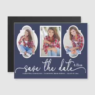 Graduation Save Date Cute 4 Photo Navy Blue White Magnetic Invitation