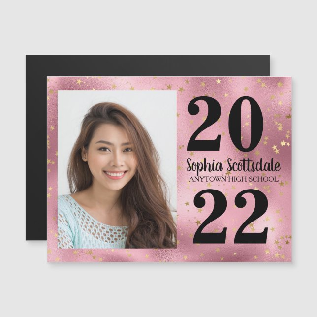 Graduation Save Date Photo Pink Gold Stars Black Magnetic Invitation (Front/Back)