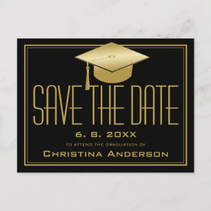 Graduation Save the Date Chic Black Gold Grad Cap Announcement Postcard