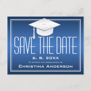 Graduation Save the Date Chic Blue White Grad Cap Announcement Postcard