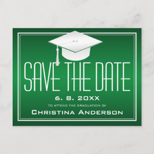 Graduation Save the Date Chic Green White Grad Cap Announcement Postcard