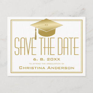 Graduation Save the Date Chic White Gold Grad Cap Announcement Postcard
