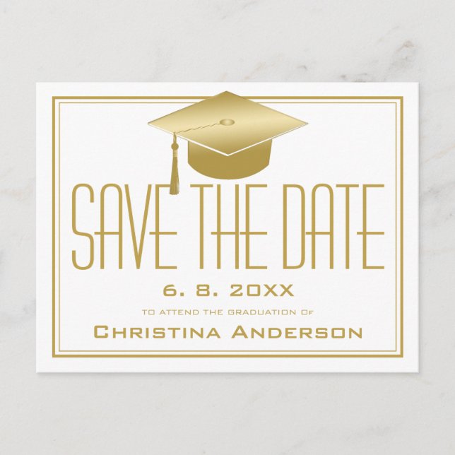 Graduation Save the Date Chic White Gold Grad Cap Announcement Postcard (Front)