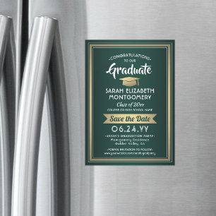 Graduation Save the Date Elegant Green White Gold Magnetic Invitation