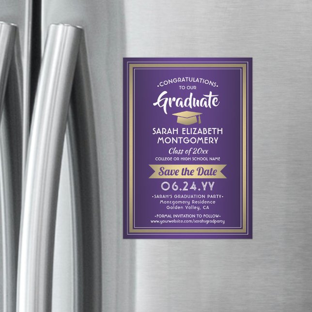 Graduation Save the Date Elegant Purple White Gold Magnetic Invitation (Creator Uploaded)