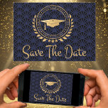 Graduation Save The Date Gold Cap Art Deco Blue<br><div class="desc">I enjoy designing art work for graduations. This is wonderful and unique art deco style with elegant classic gold, black and blue colours. Save the Date announcement card. Modern style text. Add your own message on the back of the cards giving details to your family and friends to save the...</div>
