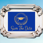 Graduation Save The Date Gold Emblem Grad Cap<br><div class="desc">I enjoy designing art work for graduations. This is modern simple and elegant classic gold and blue coloured Save the Date announcement card. Modern style text. Add your own message on the back of the cards giving details to your family and friends to save the date for a graduation ceremony,...</div>
