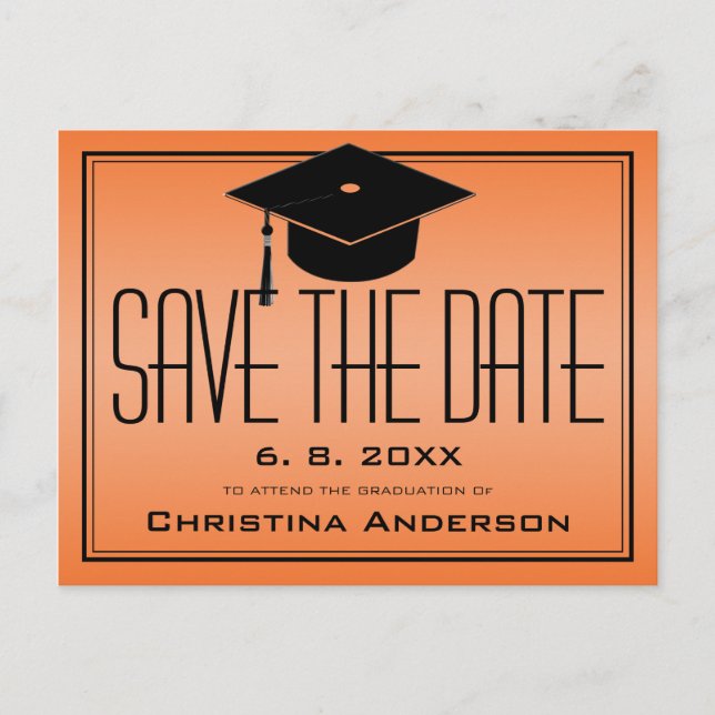 Graduation Save the Date Grad Cap Orange Graduate Announcement Postcard (Front)
