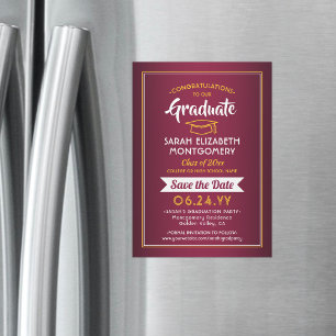 Graduation Save the Date Maroon Red & Gold Yellow Magnetic Invitation