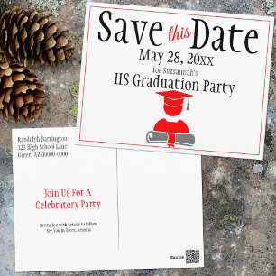 Graduation Save The Date Minimalist Red Grey Postcard