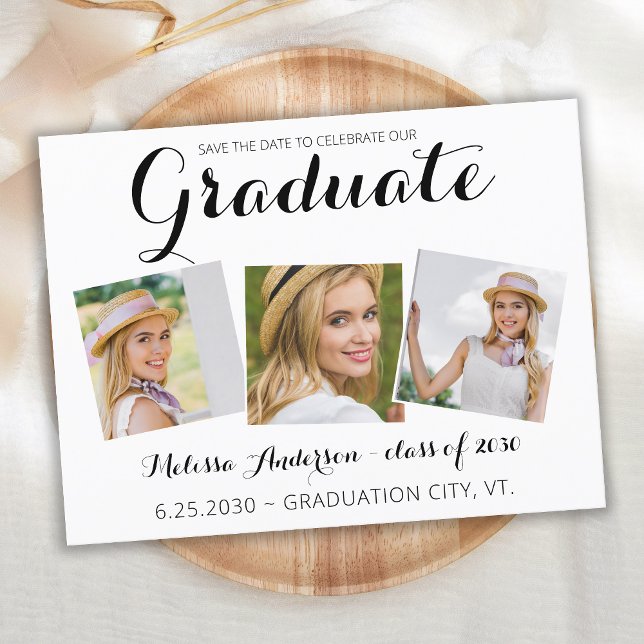 Graduation Save The Date Modern Graduate 3 Photo Postcard (Creator Uploaded)
