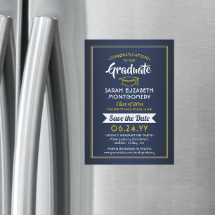 Graduation Save the Date Navy Blue and Gold Yellow Magnetic Invitation
