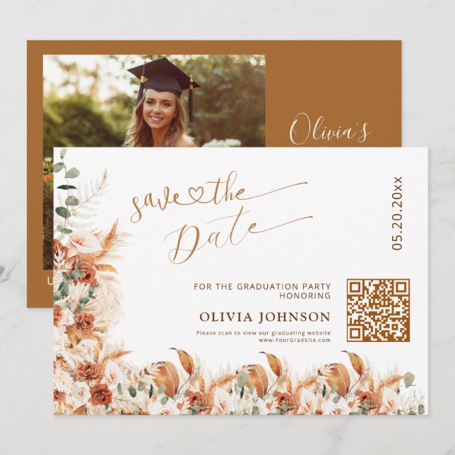 Graduation Save the Date QR Code | Boho Pampass (Front/Back)