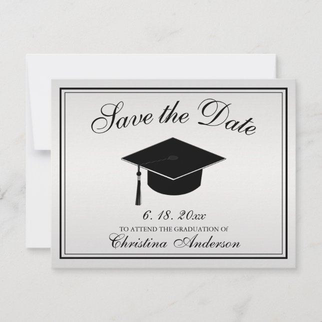 Graduation Save the Date Silver Black Script Cap Announcement (Front)