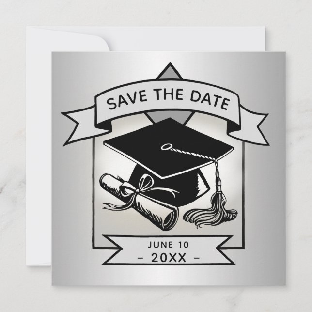 Graduation Save the Date Silver Grad Cap Elegant Announcement (Front)
