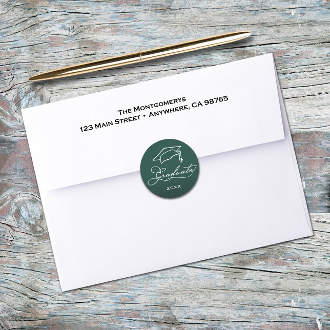 Graduation Script Dark Green Envelope Seal (Graduation script and grad hat on dark green envelope seals)