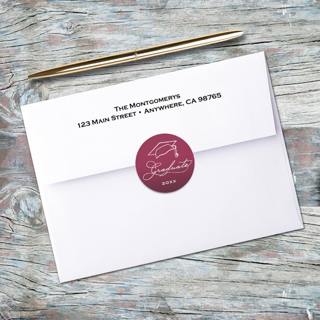 Graduation Script Maroon Envelope Seal (Graduation script and grad hat on maroon envelope seals)