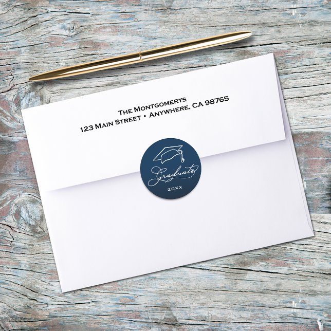 Graduation Script Navy Blue Envelope Seal (Graduation script and grad hat on navy blue envelope seals)