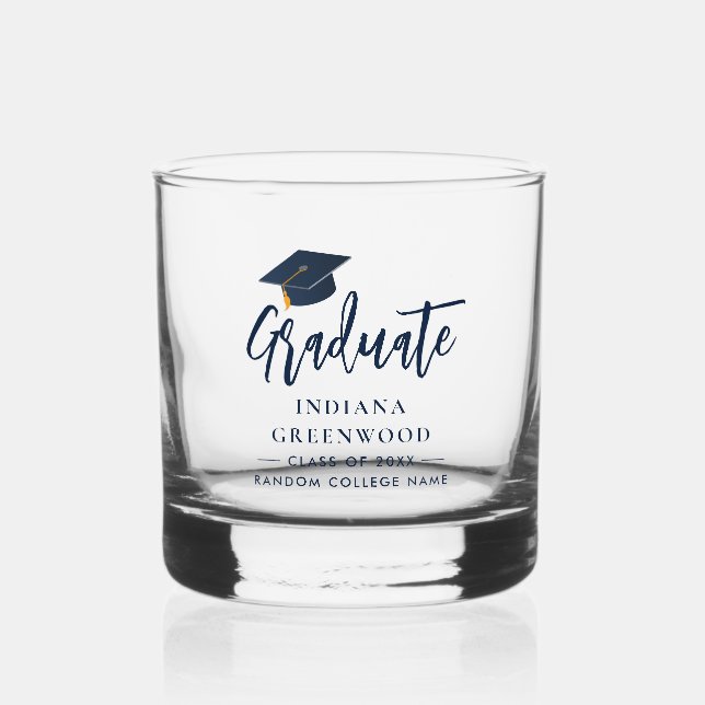 Graduation Script Navy Blue Personalised Keepsake Whiskey Glass (Front)