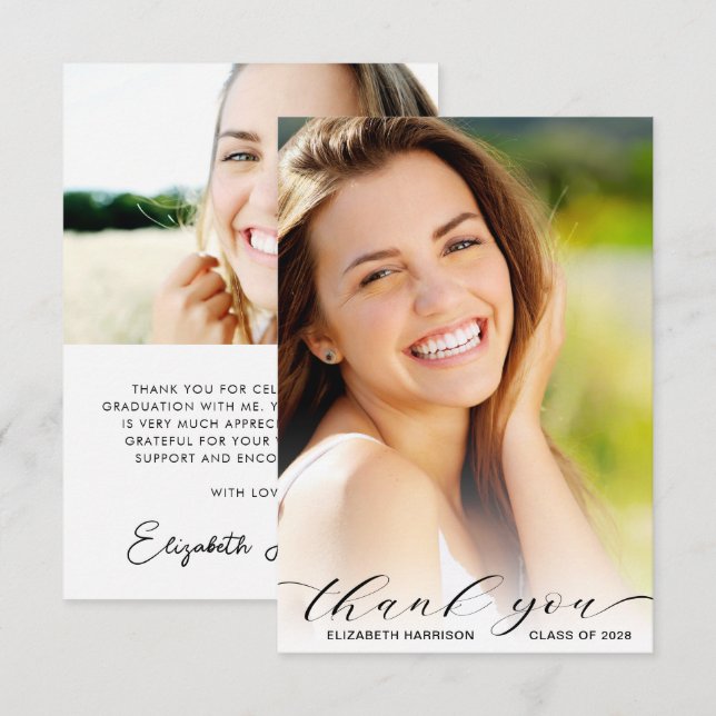 Graduation Script Photo Overlay Thank You Card (Front/Back)