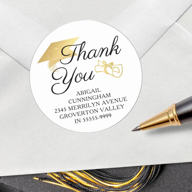 Graduation Script Thank You Faux Gold Foil Cap Classic Round Sticker (Creator Uploaded)