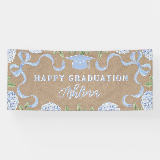 Graduation Sign, Kraft Colored Blue Hydrangea Banner (Horizontal)