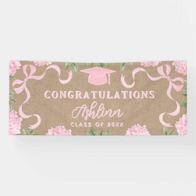 Graduation Sign, Kraft Coloured Pink Hydrangea  Banner (Horizontal)