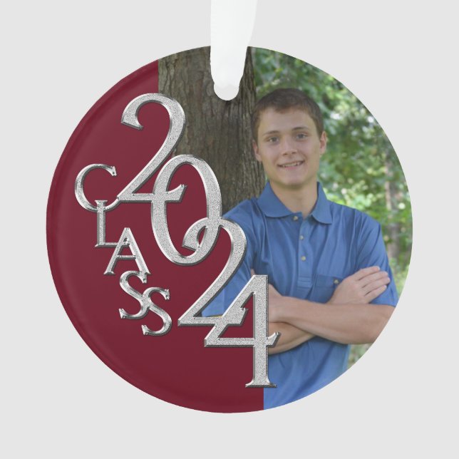 Graduation Silver and Burgundy 2024 Photo Ornament (Front)