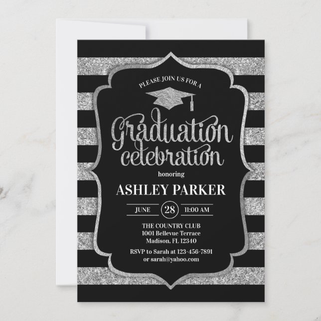 Graduation -Silver Black Stripes Invitation (Front)
