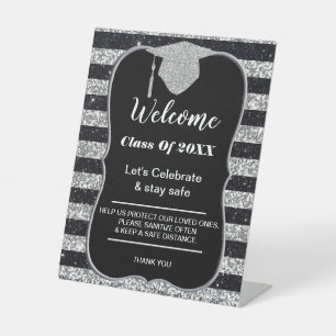 Graduation Silver Black Stripes Party safety Pedestal Sign