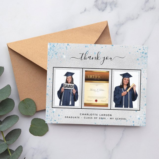Graduation silver blue photo thank you card (Creator Uploaded)